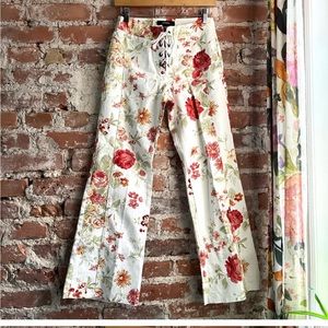 Vintage Express Women’s White Garden Floral Lace Up Flare Jeans